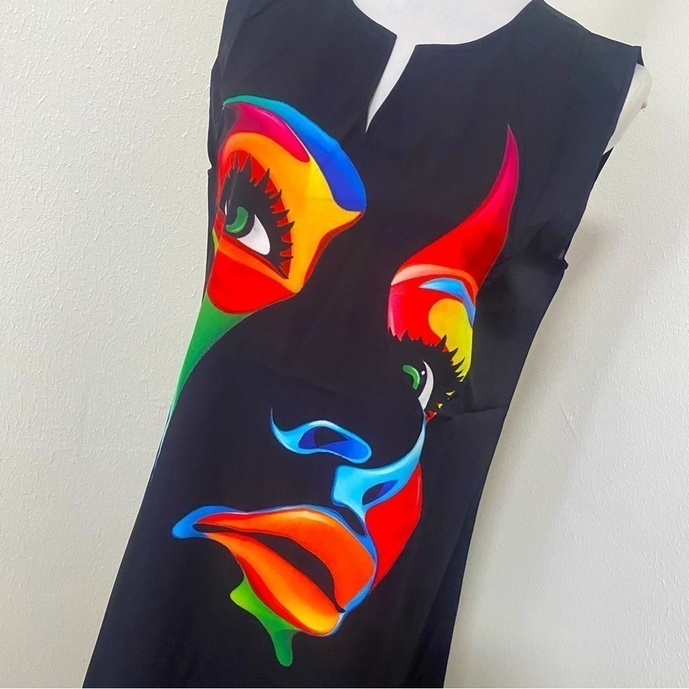 Sleeveless Abstract Face Print Midi Dress - Loose Fit, V-Neck Black Lightweight - Picture 3 of 9